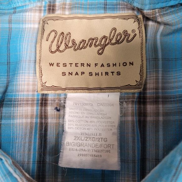 Wrangler Western Pearl Snap Shirt Mens 2XLB Big Blue Plaid Short Sleeve Pockets - Picture 3 of 8